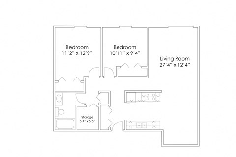 Floor plan for 2 beds, 1 bath, 930 sqft